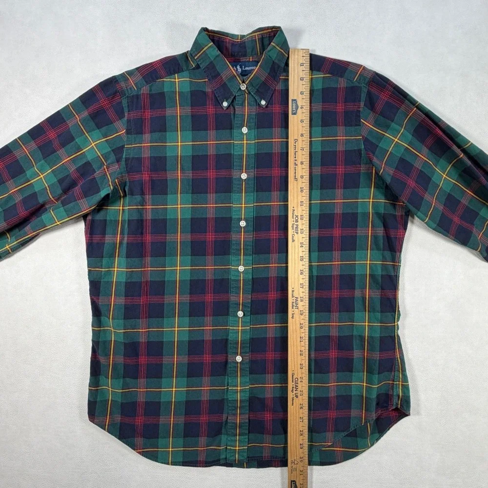 Ralph Lauren Mens Large Plaid Button Down Shirt Classic Fit Green Navy Blue